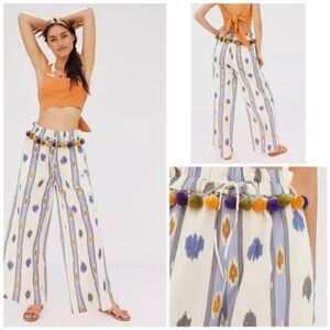 Anthropologie Ollari Cotton Linen Boho Wide-leg Pants with Pom-Pom Detail